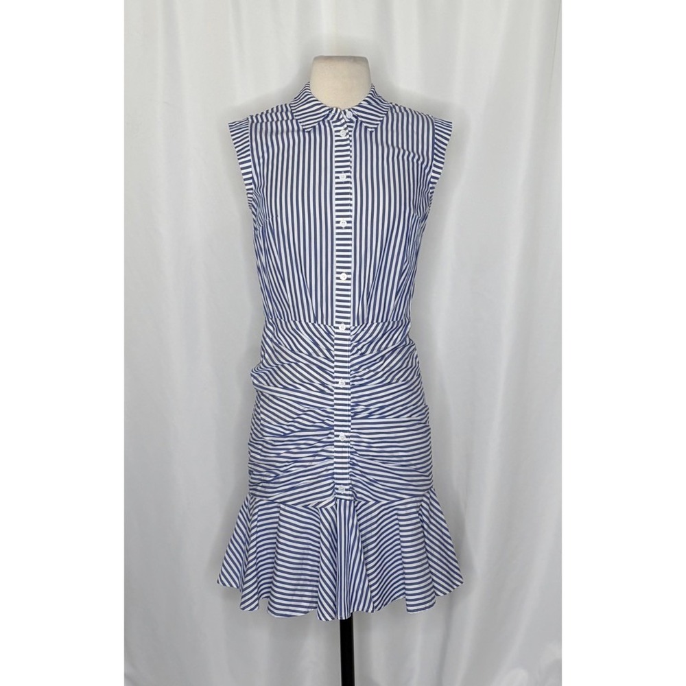 VERONICA BEARD Bell Bottom Ruched Seersucker Shirt Dress Shirtdress Preppy 0 - Picture 3 of 16